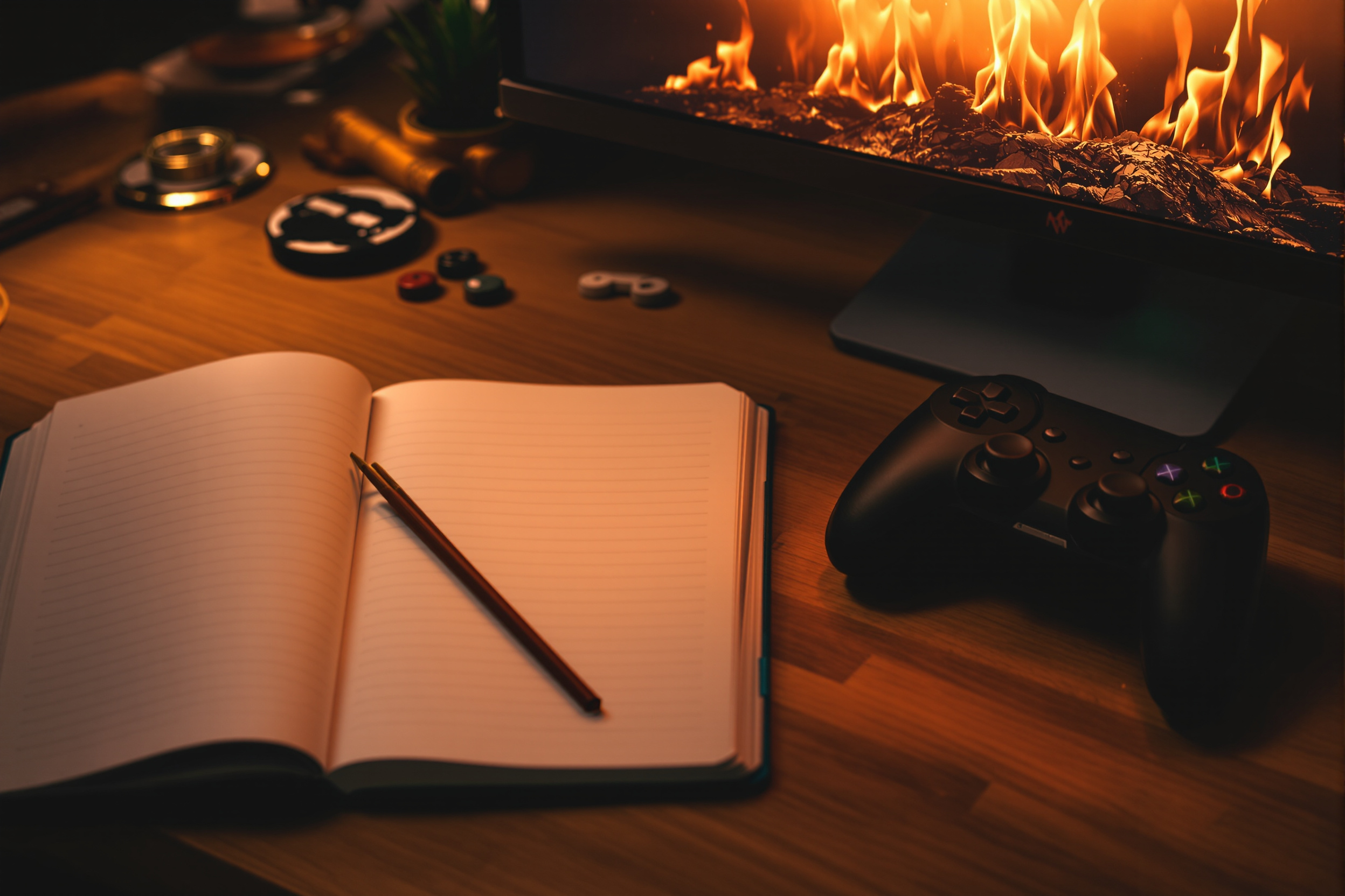 A notebook, ramen bowl, and game controller on a desk