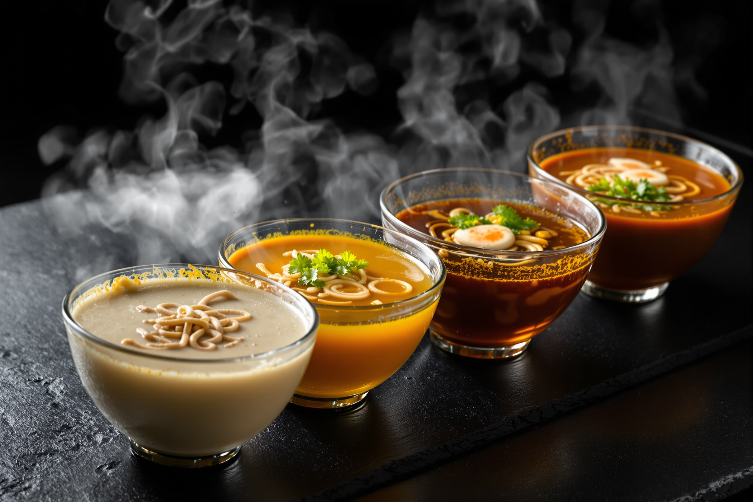 Four ramen broths side by side showing color and richness differences