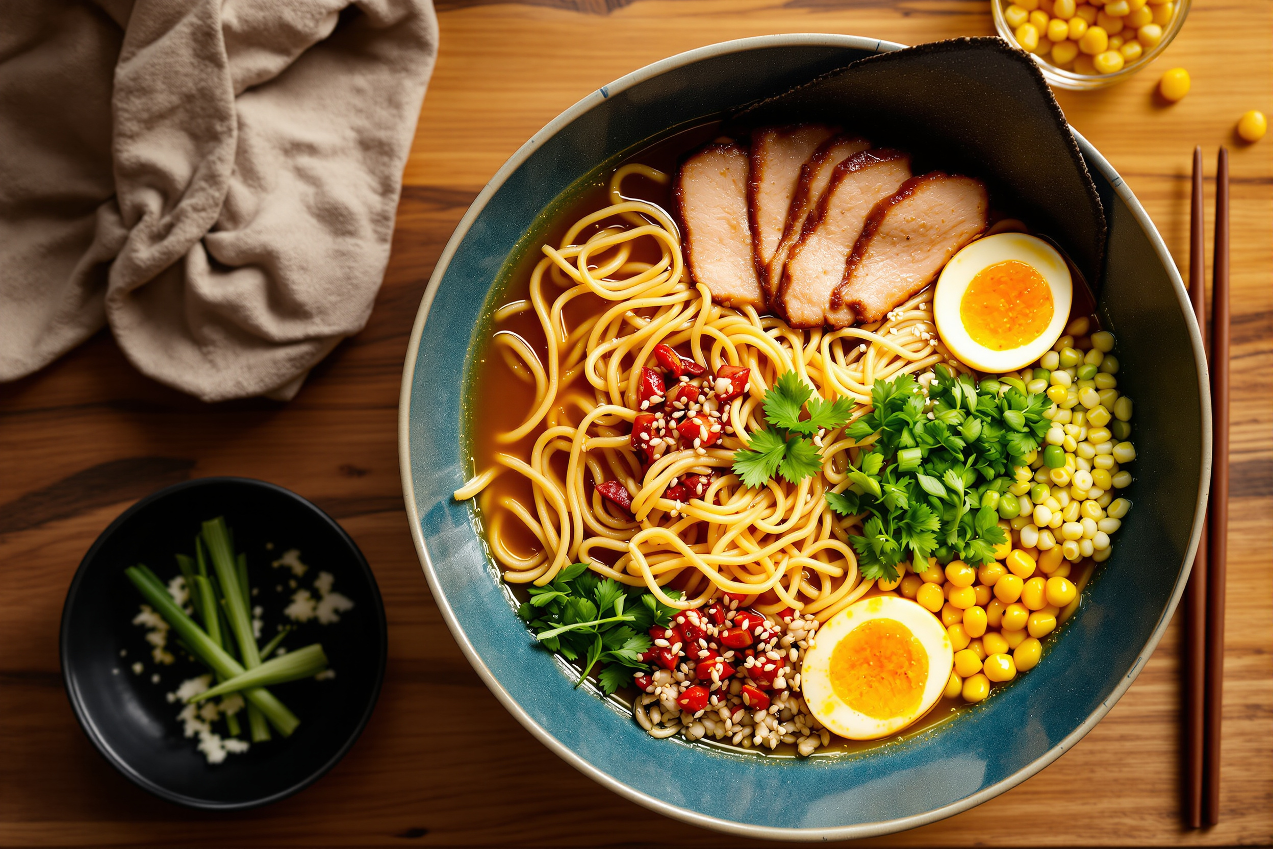 Overhead view of a ramen bowl with toppings arranged around it