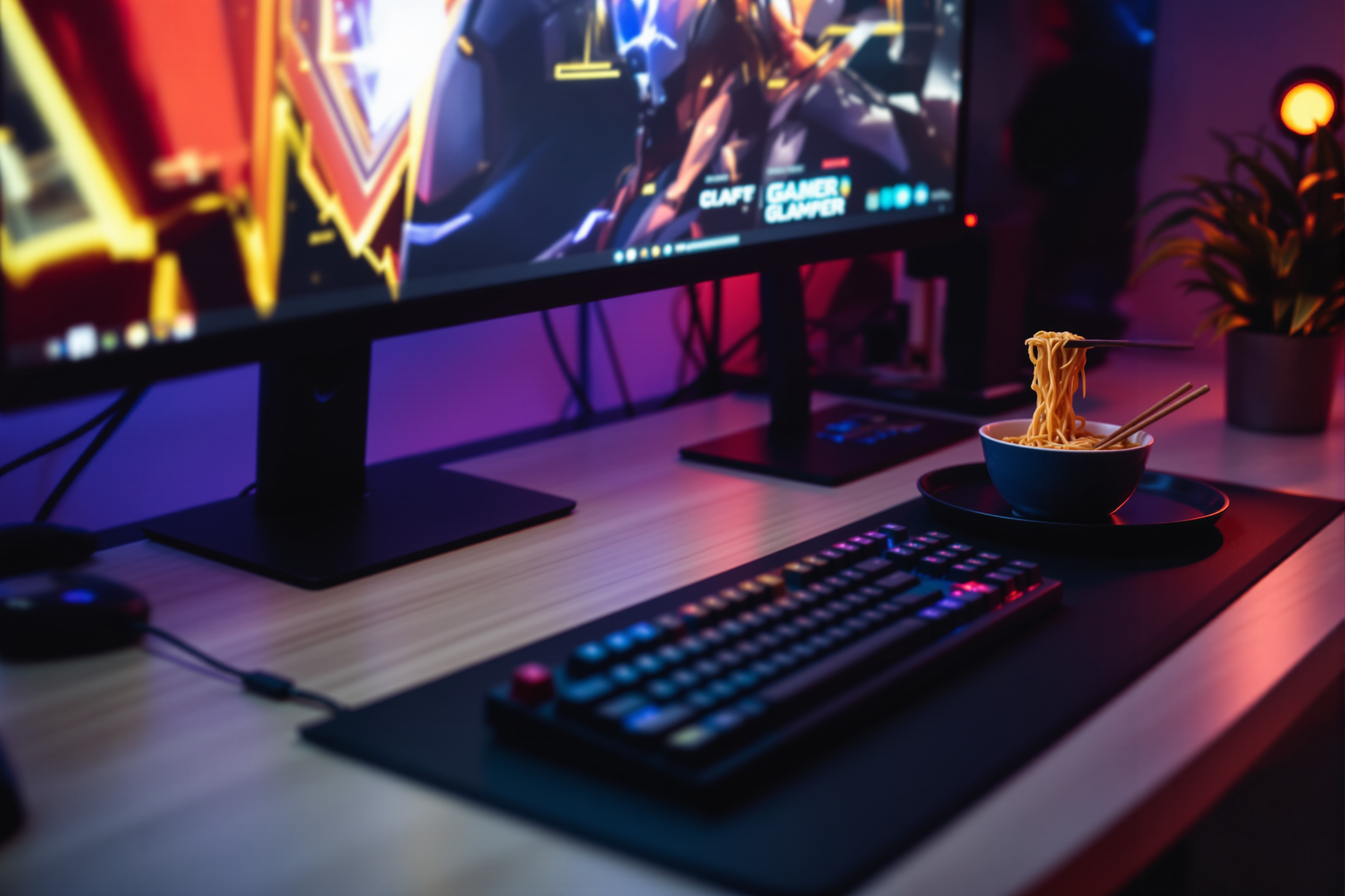 A tidy gaming cafe station with a headset and a bowl of ramen on a side tray
