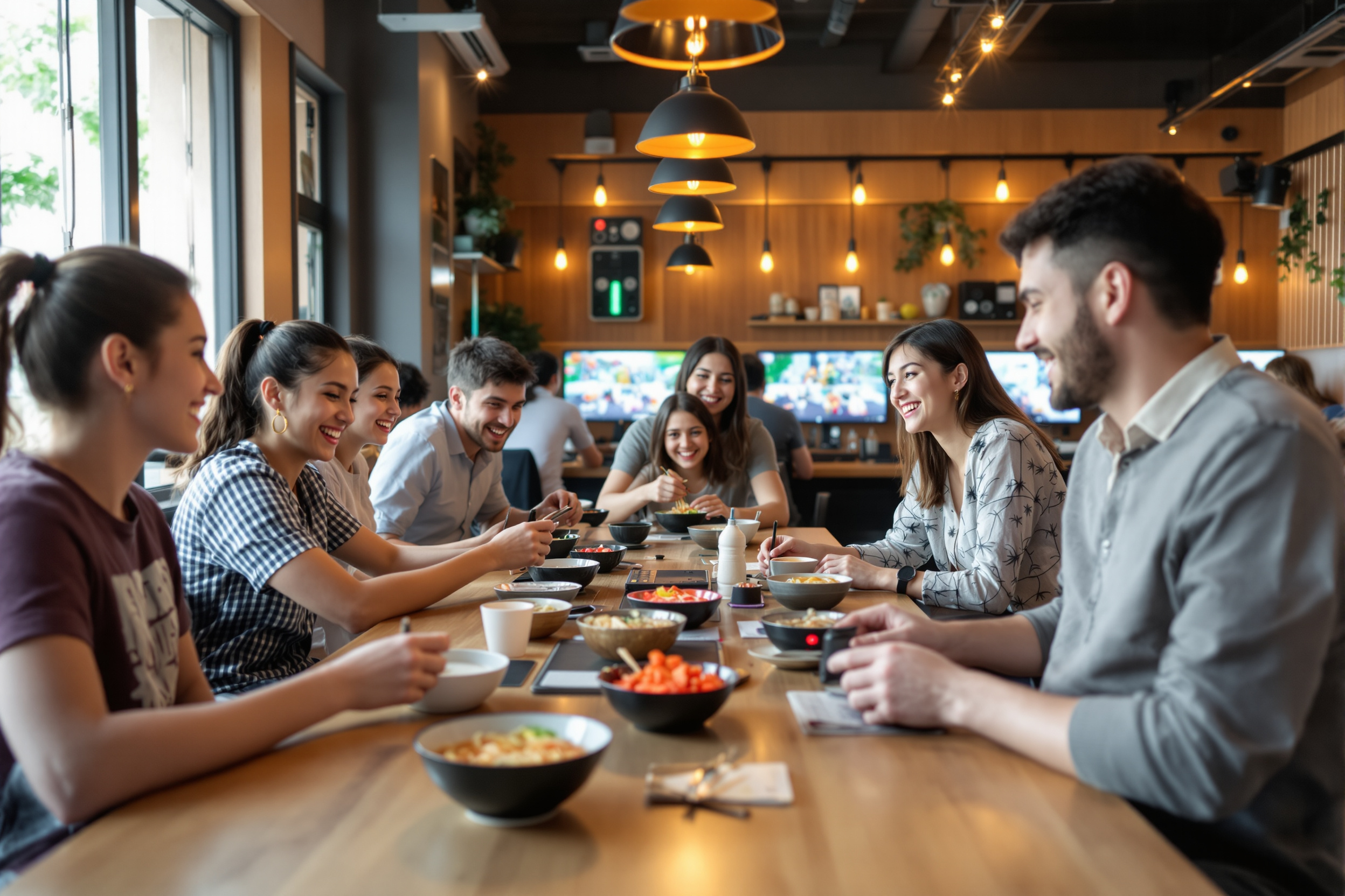A group of friends and family sharing ramen and board games at a cafe