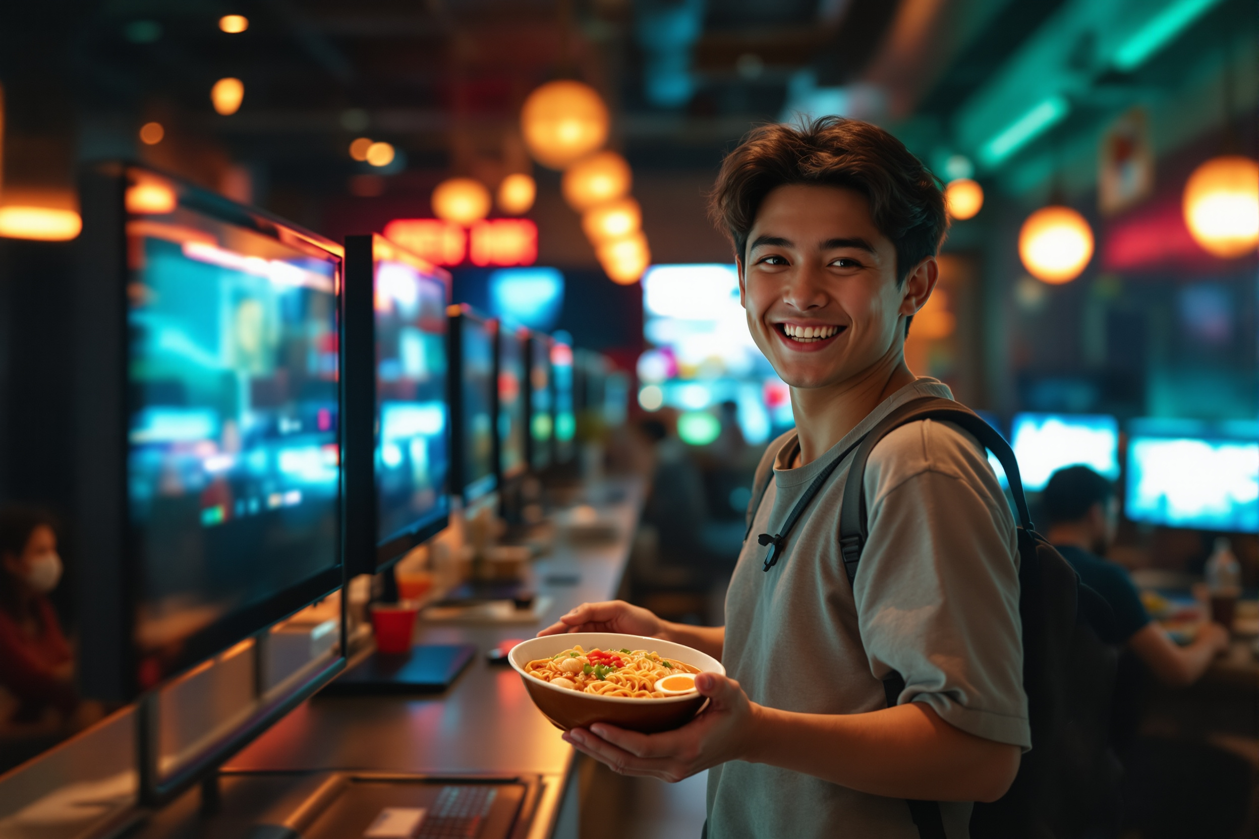 A person carrying a bowl of ramen toward a gaming lounge