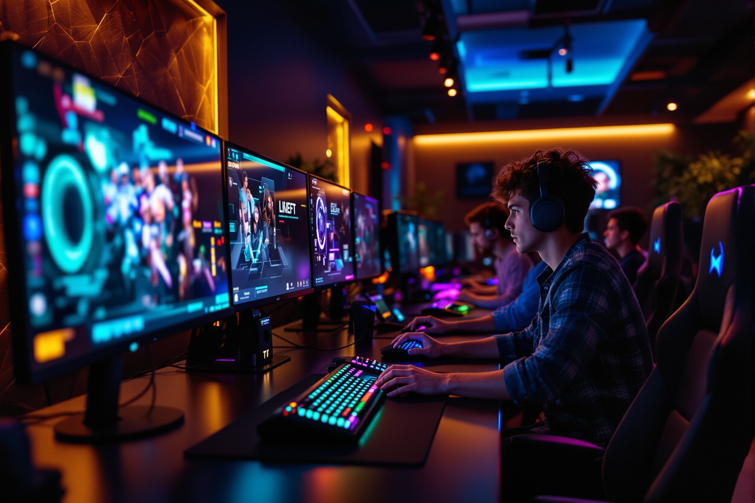 A modern gaming cafe with a row of gaming PCs and colorful lighting