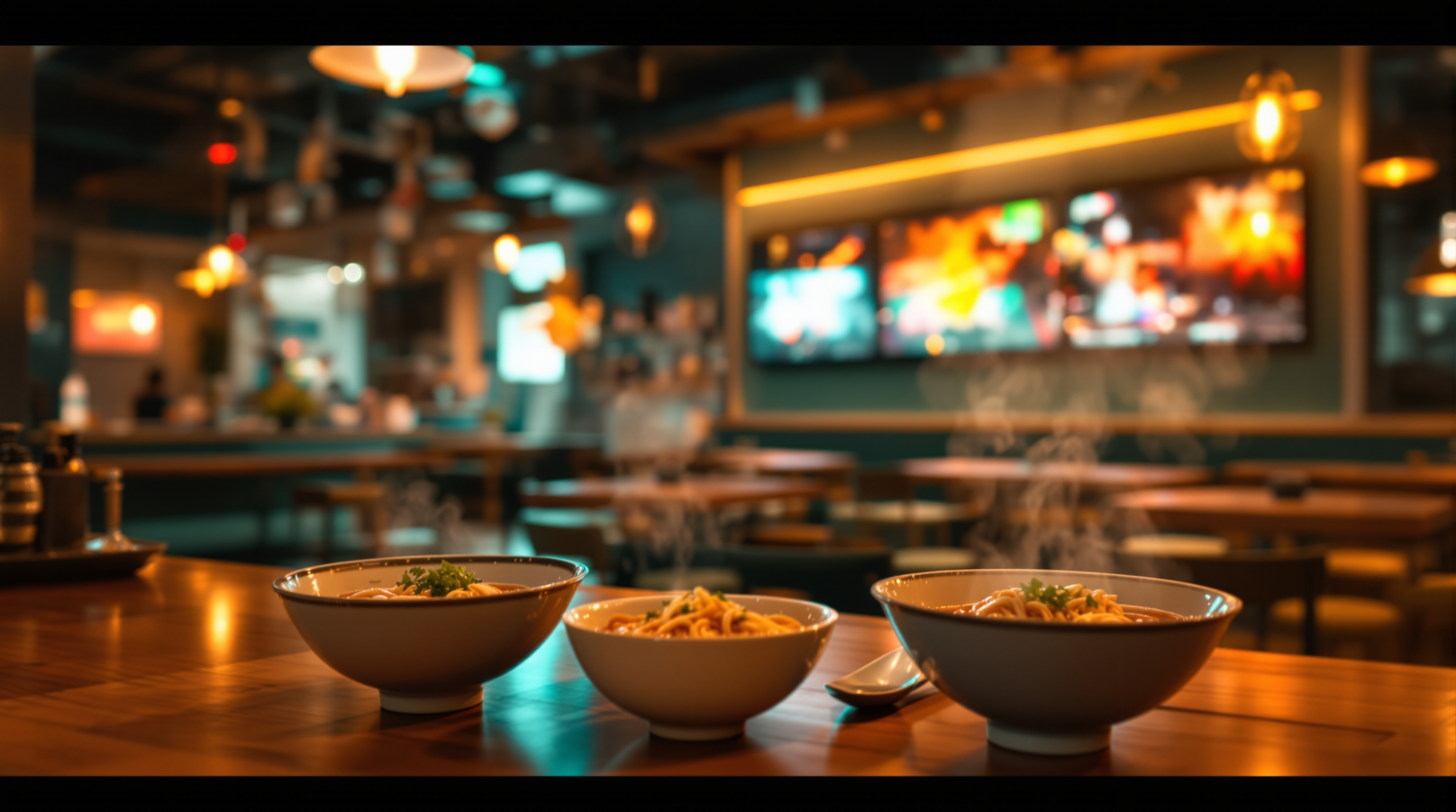 Interior of a self-serve ramen bar with a gaming lounge in the background