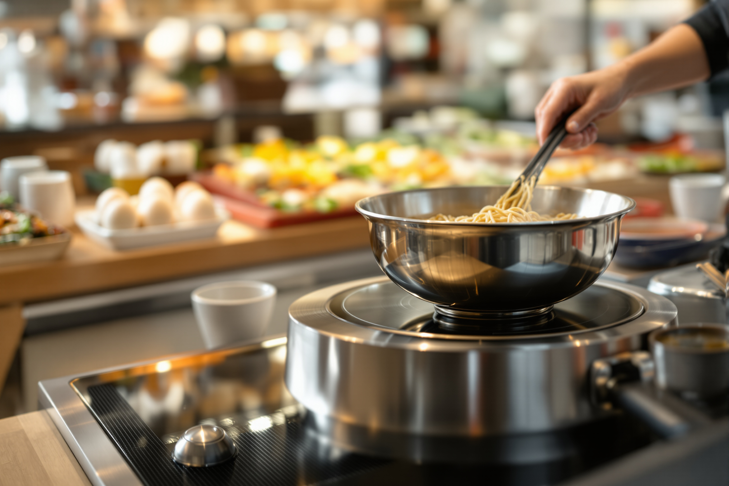 A self-serve ramen cooking station with a toppings bar