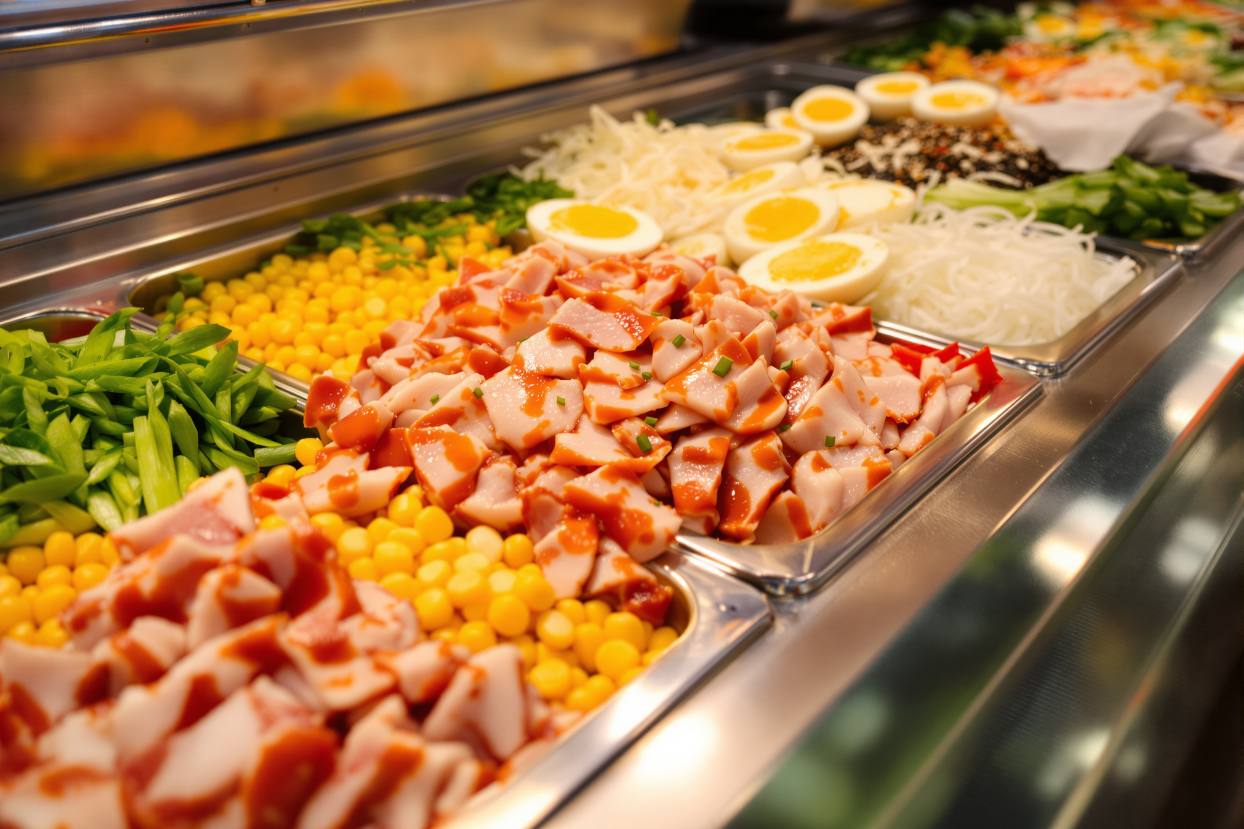 A self-serve ramen toppings bar with many fresh ingredients